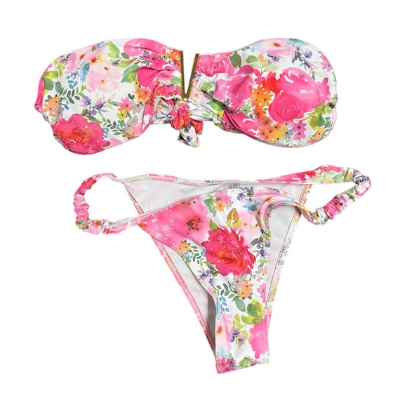 Other - Pink Floral Bandeau Bikini Set strapless bikini top with bottoms size medium
